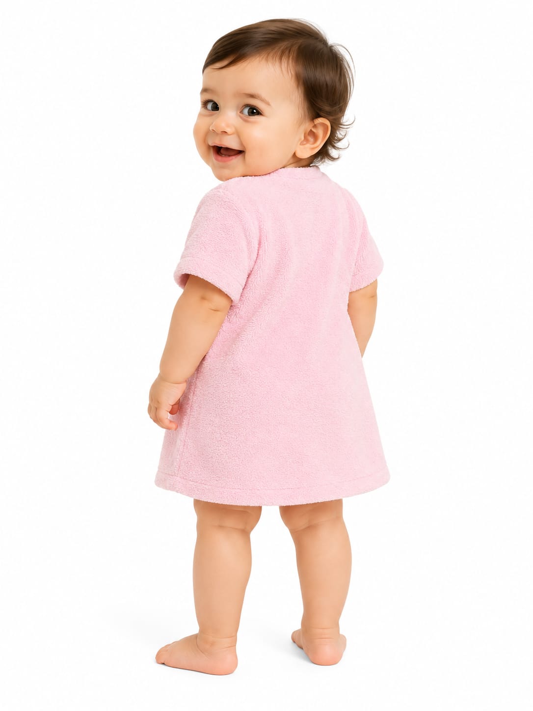 A baby wearing a light pink short-sleeve terry cloth dress, shown from the back against a solid white background.