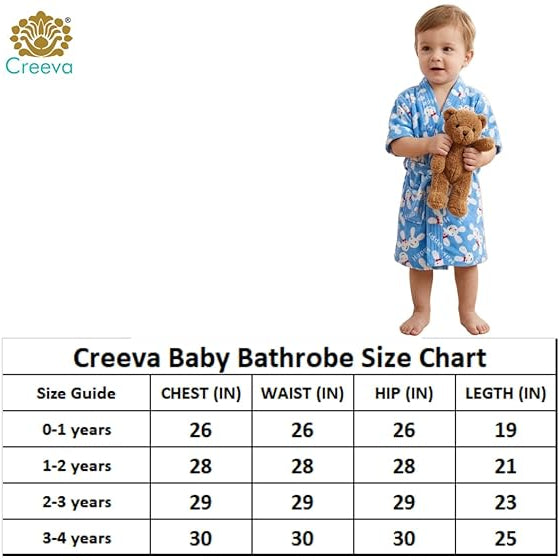 Child wearing a blue bathrobe holding a teddy bear with a Creeva logo, size chart below.