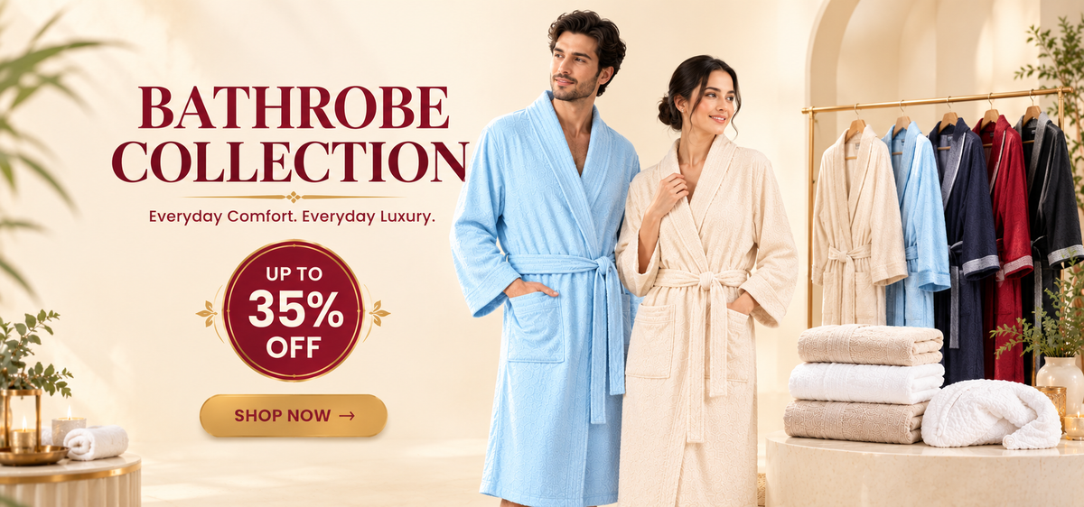 Luxury bathrobe collection banner featuring a man and woman wearing blue and cream bathrobes, a selection of bathrobes in multiple colors, and an offer of up to 35% off with a Shop Now button.