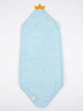 A light blue hooded towel with a small yellow crown detail at the top, laid flat on a white background.