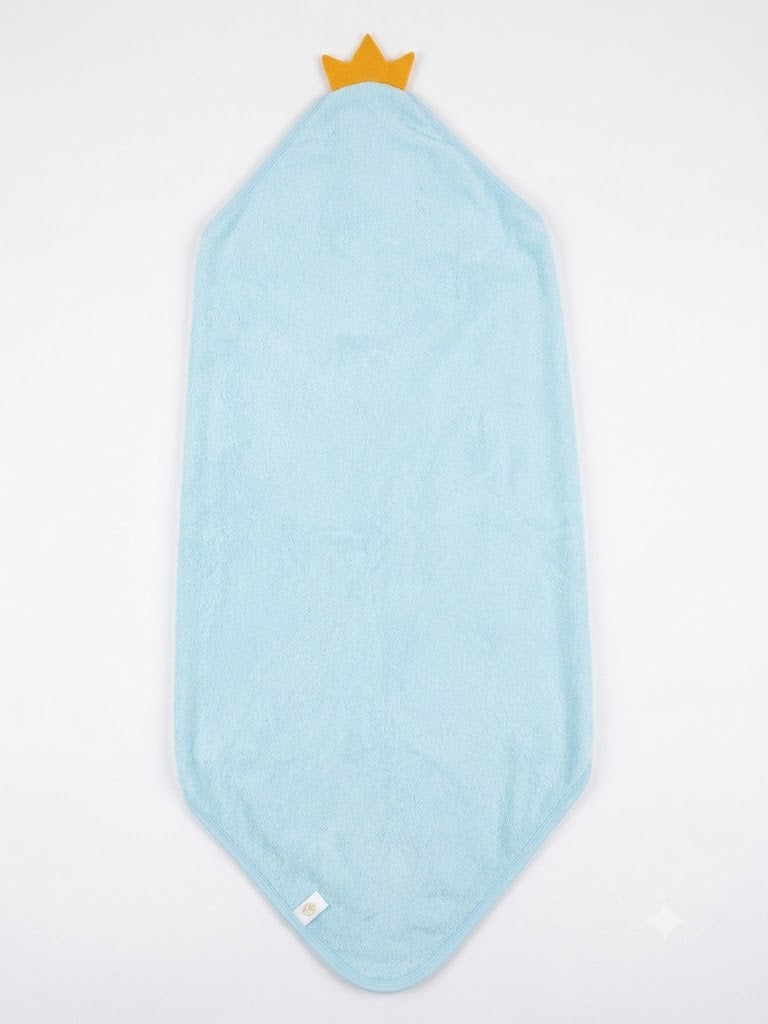 A light blue hooded towel with a small yellow crown detail at the top, laid flat on a white background.