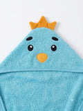 A light blue hooded towel shaped like a cartoon bird face, with embroidered black eyes, a yellow beak, and a small yellow crown on top, shown against a plain white background.