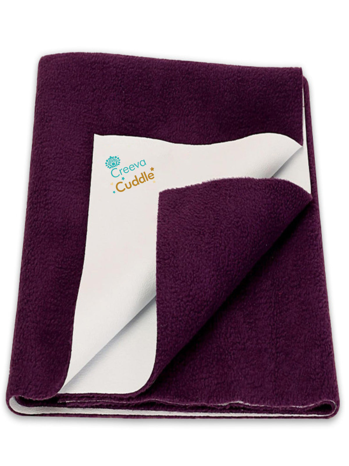 Purple blanket with white interior on a white background, featuring the 'Creeva Cuddle' brand.