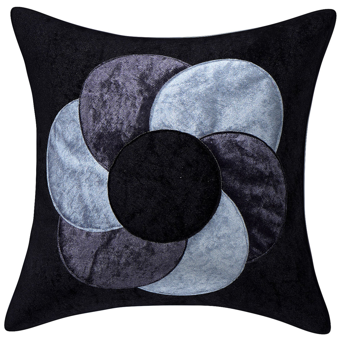 Set of four decorative pillows with black, gray, and blue circular patterns on a white background.