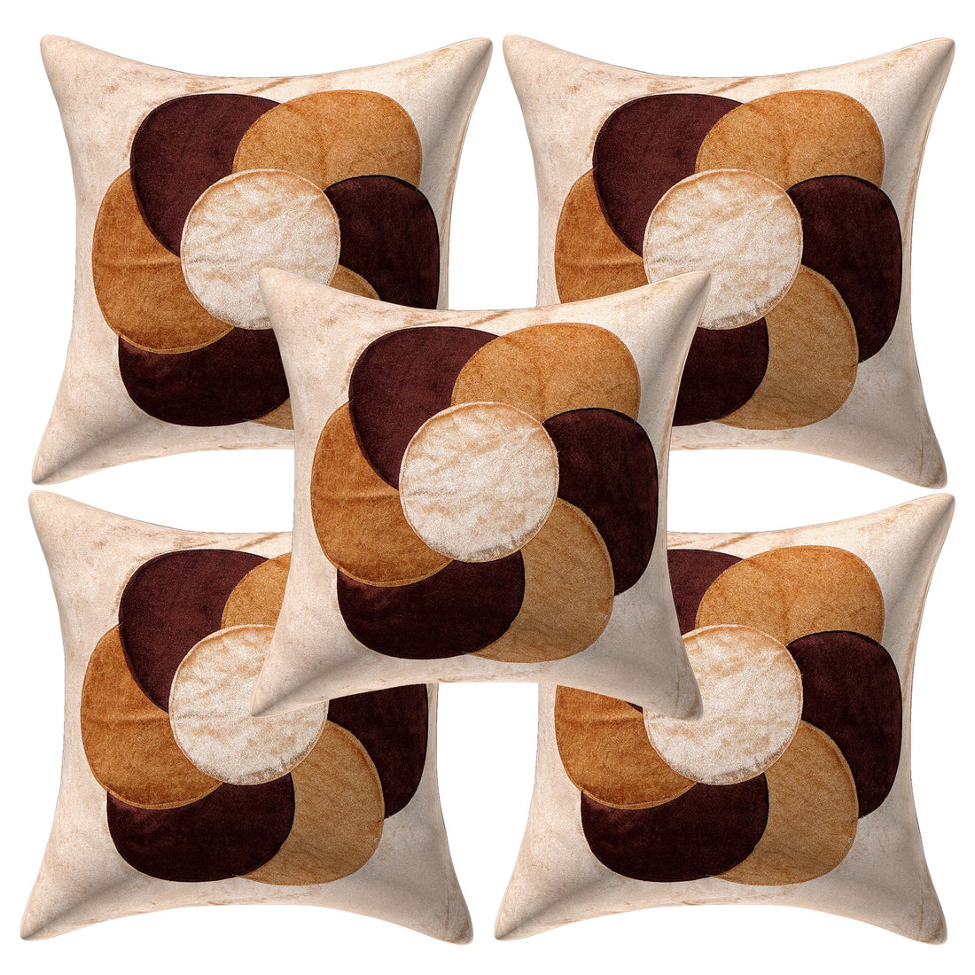 Four decorative pillows with circular pattern on a white background
