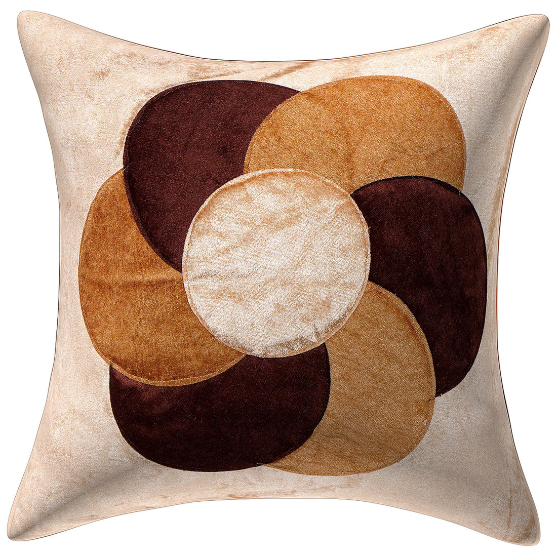 Four decorative pillows with circular pattern on a white background