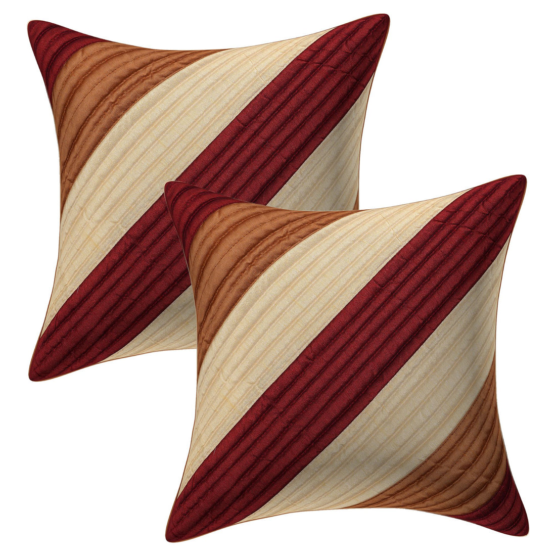 Decorative pillows with red and brown stripes on a beige sofa in a living room setting.
