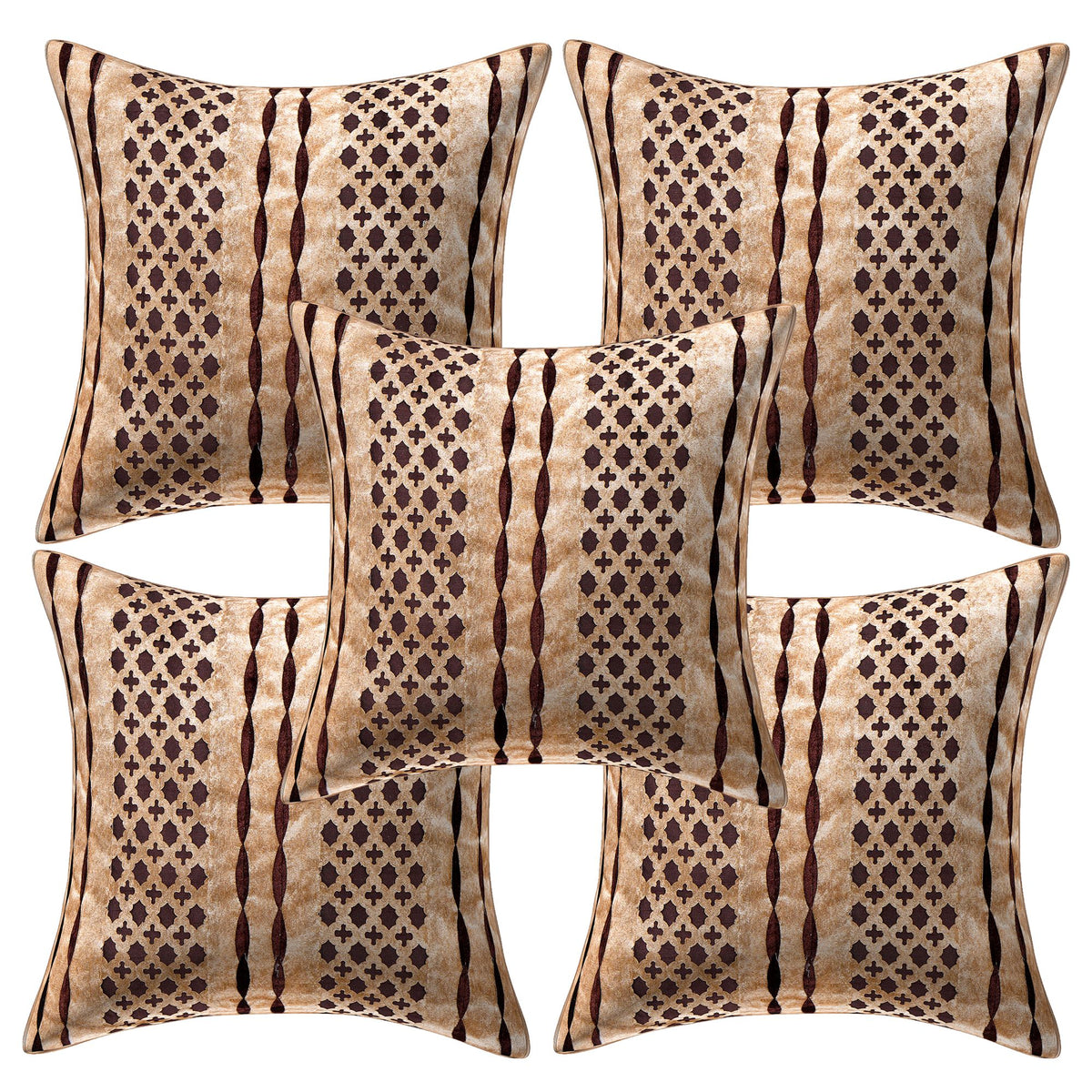 Set of four patterned pillows on a white background