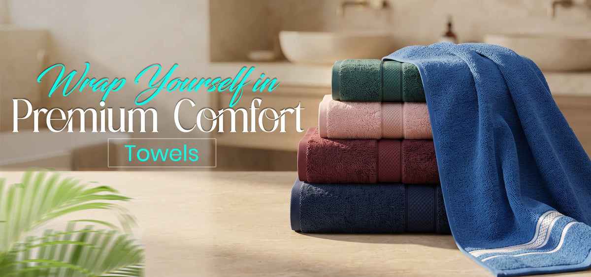 A stack of folded bath towels in green, pink, burgundy, navy, and blue, with a larger blue towel draped over the side, set on a bathroom counter with a sink and mirror in the background. Text overlay reads 'Wrap Yourself in Premium Comfort' and 'Towels'.slider_item_iqw9Ek