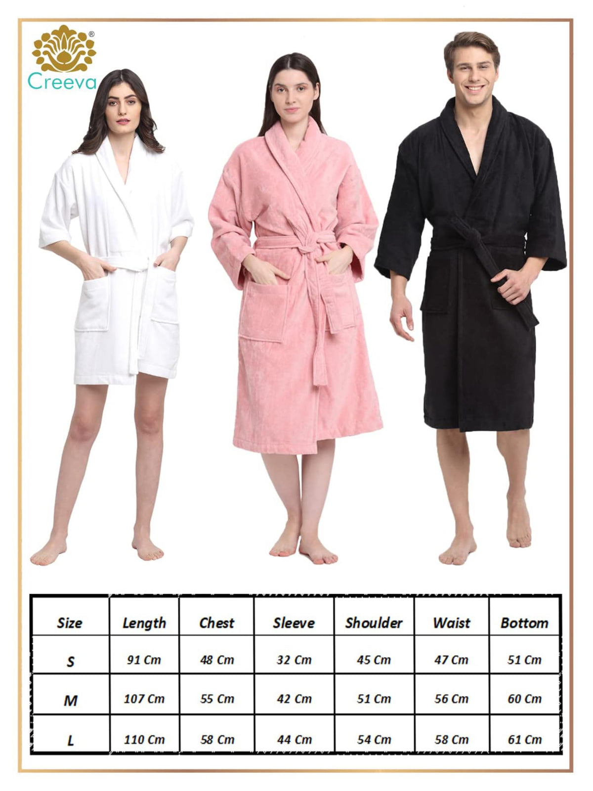Three models wearing white, pink, and black robes standing against a white background, with a size measurement chart below them. The Creevo logo is visible in the top left corner.