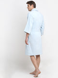 Back view of a man wearing a Light Blue cotton bathrobe with a tie belt