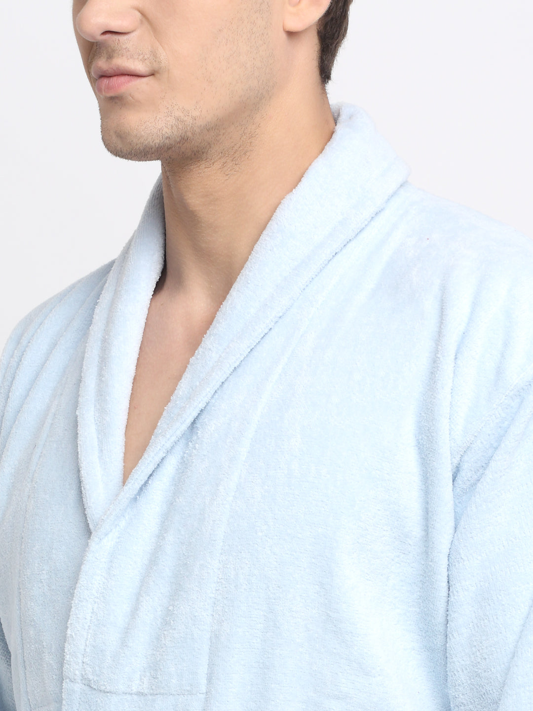 Close-up of a man wearing a Light Blue cotton bathrobe with a tie belt