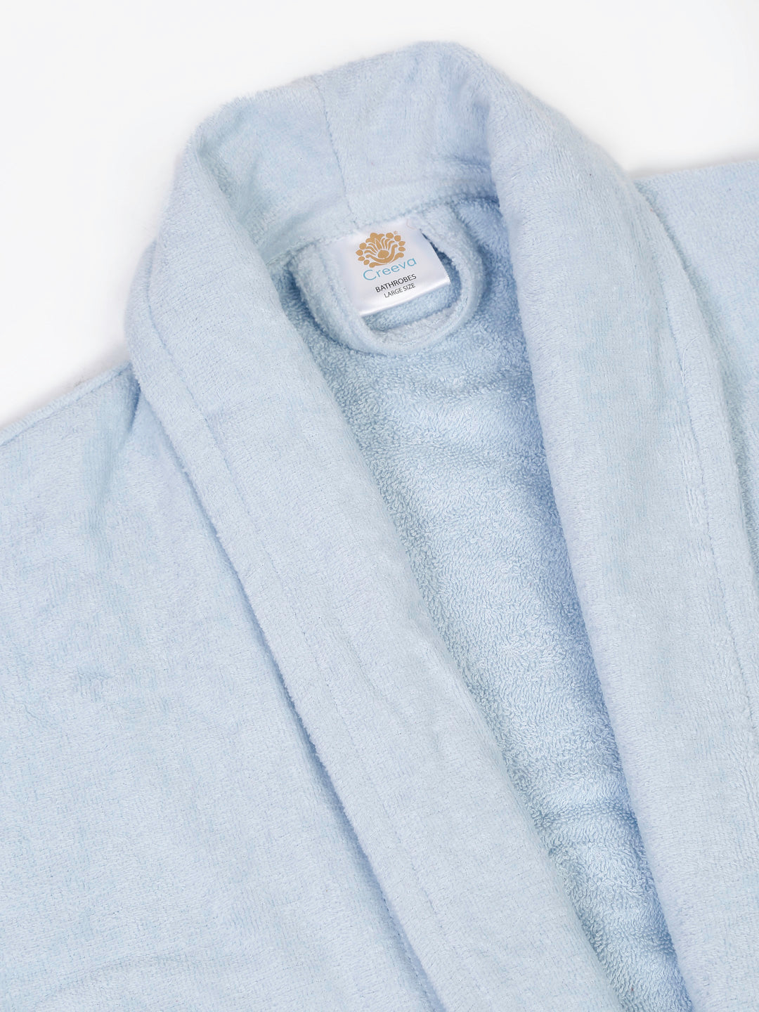 Close-up of a Light Blue cotton bathrobe showing the collar and fabric texture