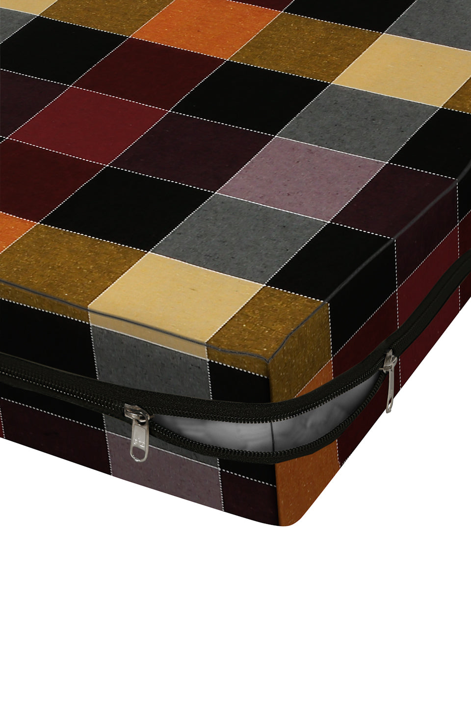 A close-up of a zippered storage box or Mattress with a geometric patchwork fabric cover in black, gray, gold, burgundy, and mustard tones, shown on a white background.