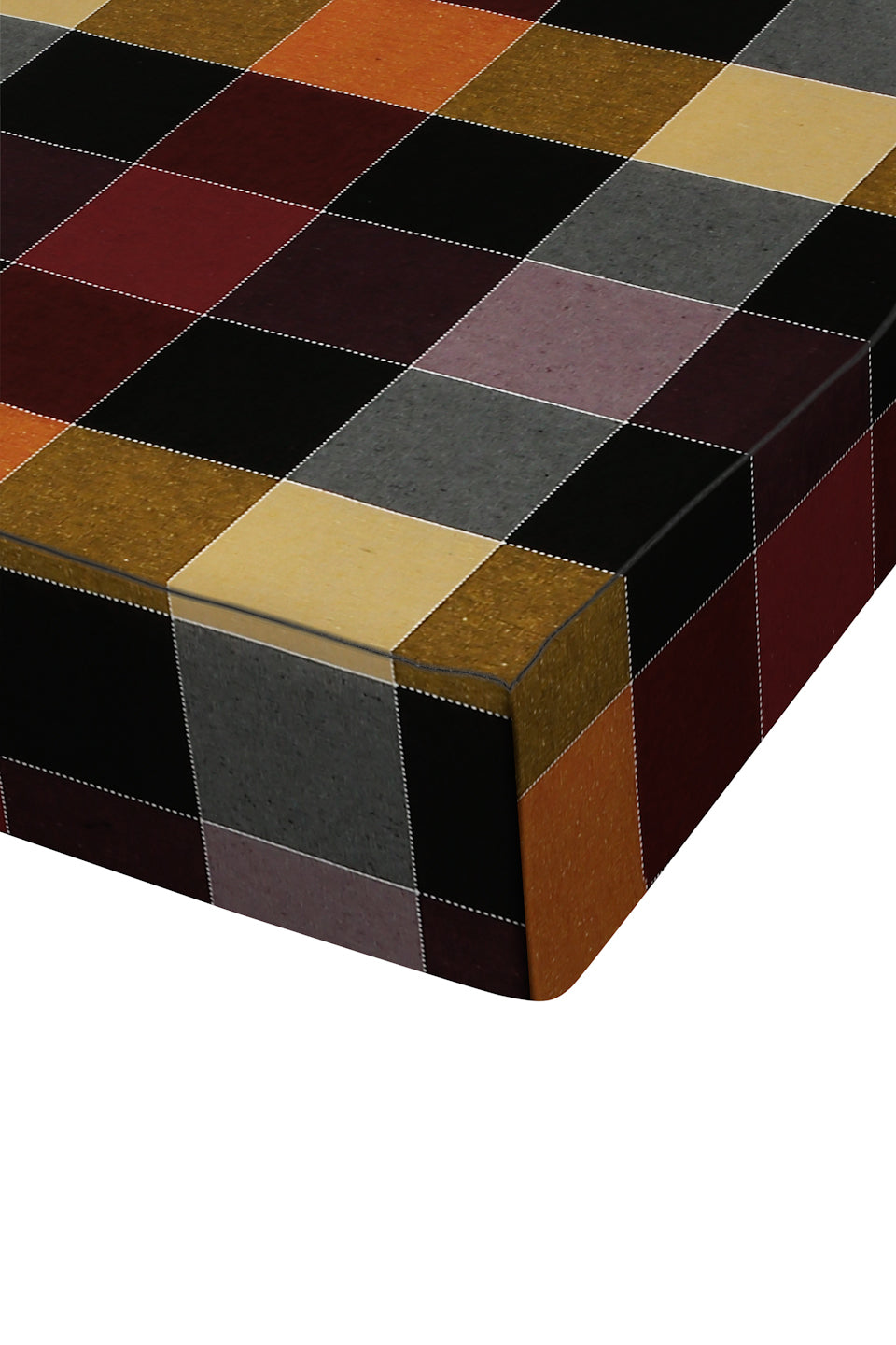 A close-up of a cube ottoman upholstered in a multicolor patchwork plaid fabric, showing various colored square panels on its top and side, set against a plain white background.