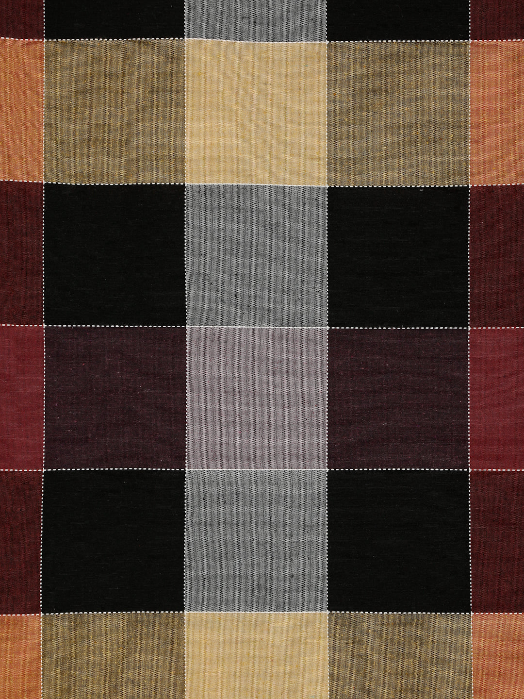 A close-up of a woven plaid fabric with a grid pattern in black, gray, beige, rust orange, and burgundy.