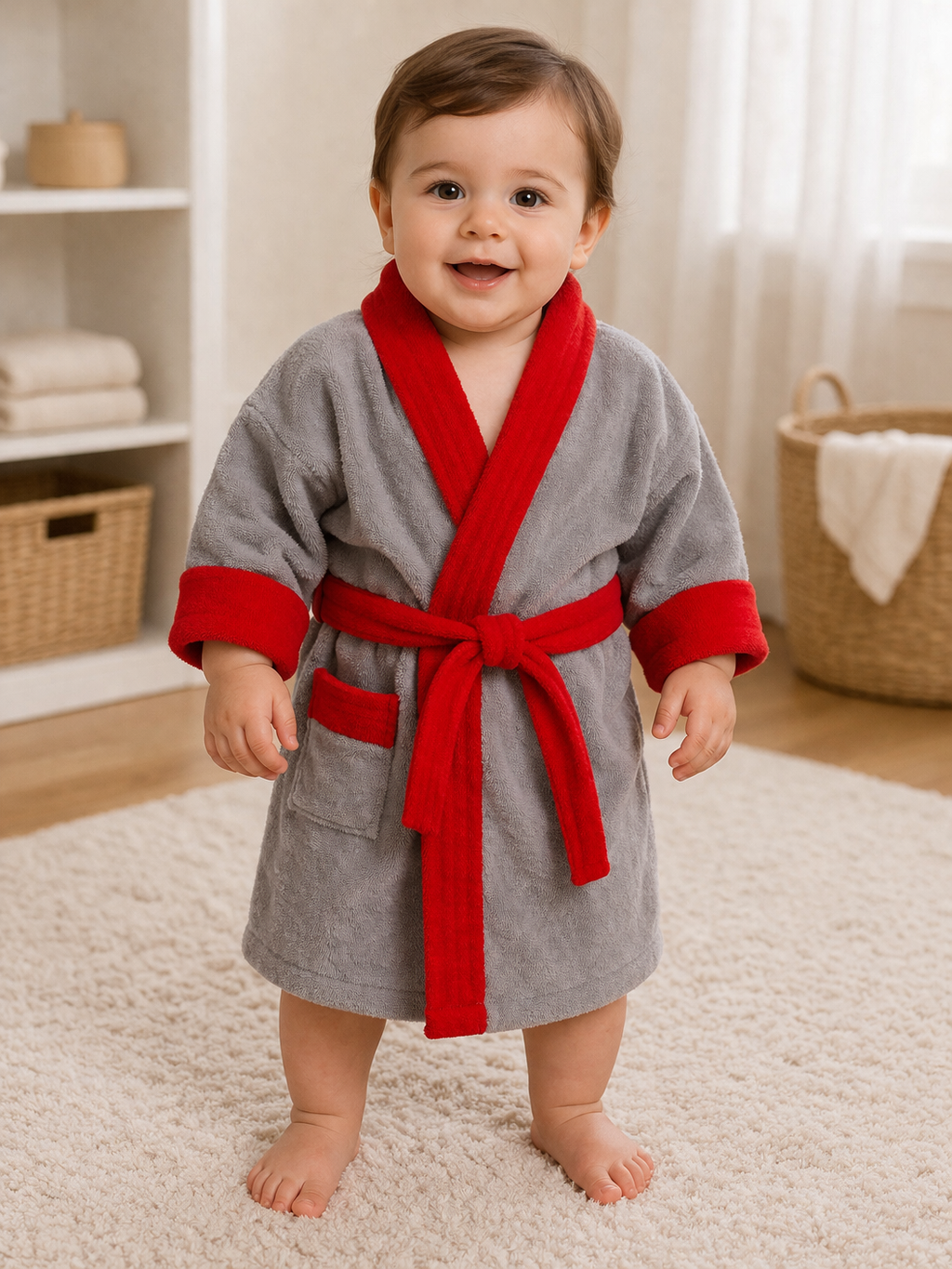 Child wearing a gray robe with red trim in a home setting