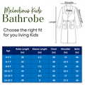 Melodious Kids Bathrobe size chart with measurements for different age groups.
