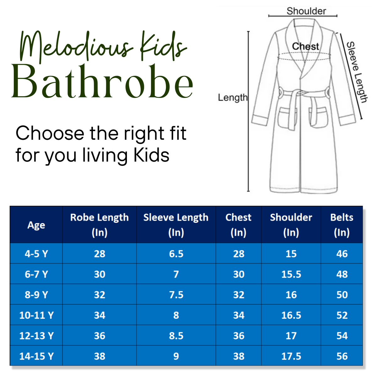 Melodious Kids Bathrobe size chart with measurements for different age groups.
