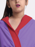 Close-up of a person wearing a purple martial arts uniform with a red collar.