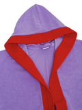 Indigo hoodie with red hood on a white background.