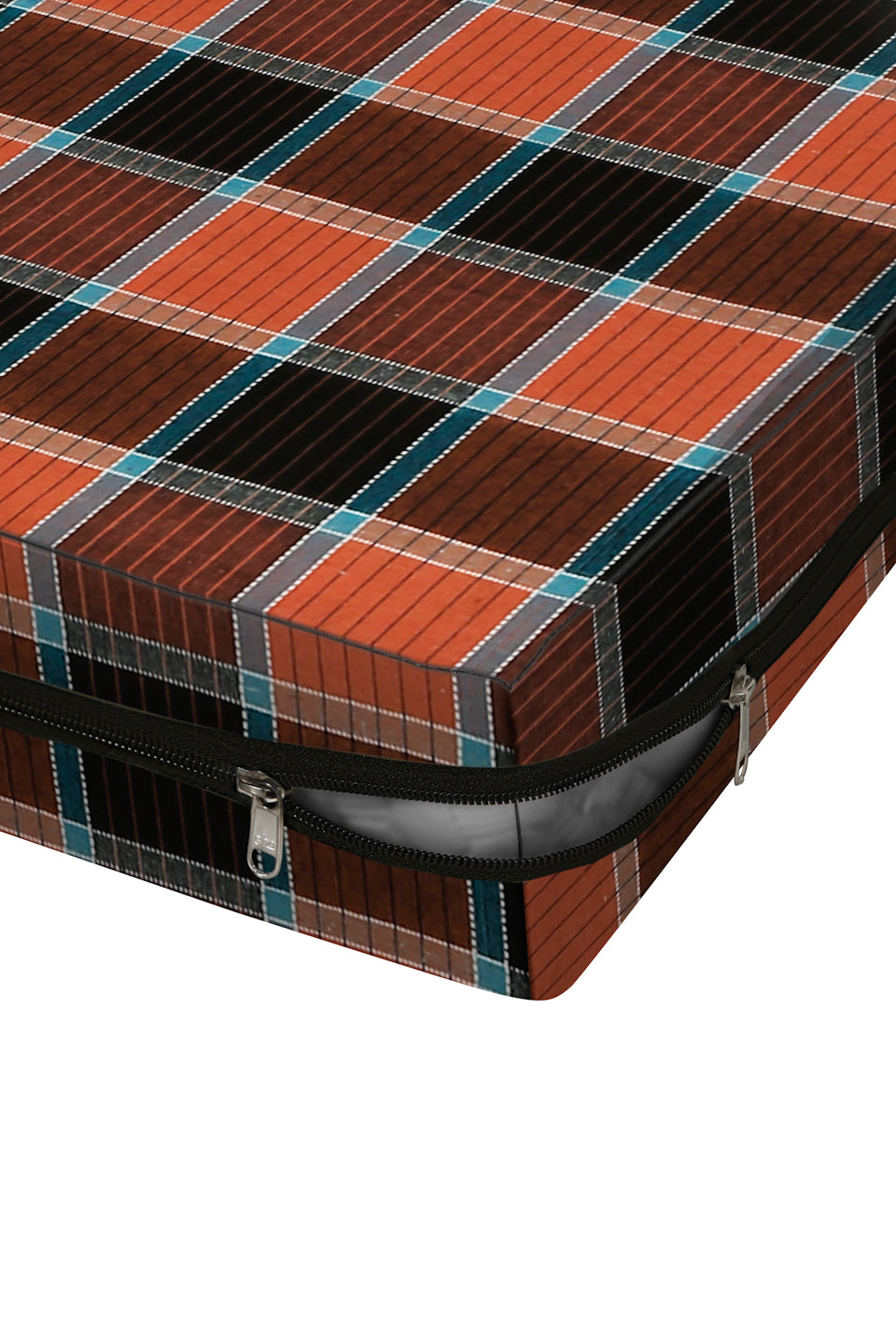 A close-up of a plaid mattress or cushion cover with a tartan pattern in rust orange, black, brown, and teal, shown with a black zipper along the side on a white background.