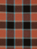 A close-up of a plaid fabric pattern with rust orange, dark brown, black, and teal-blue stripes.