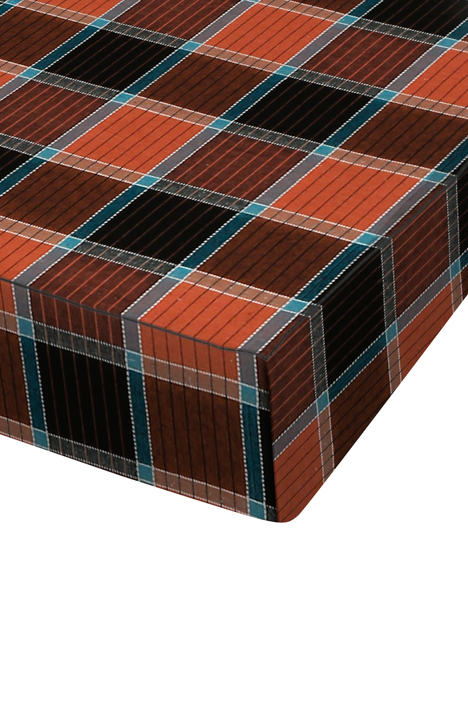 A close-up of a plaid fabric surface, likely a mattress or upholstered furniture corner, showing a tartan pattern in rust orange, dark brown, black, and teal on a white background.