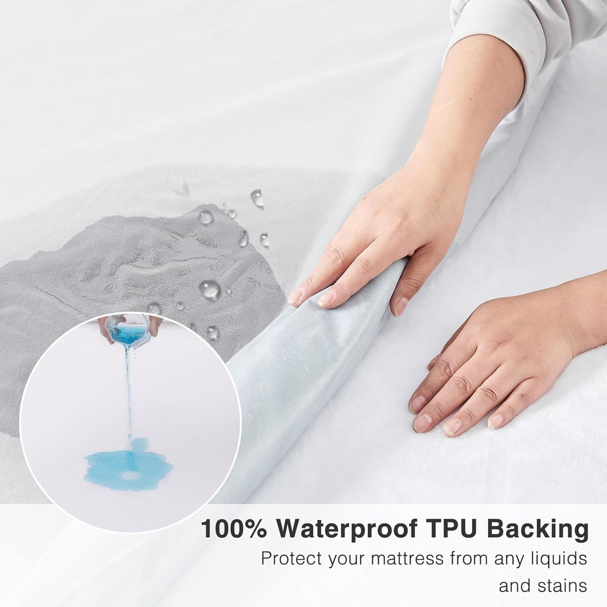Person touching a mattress with a close-up of water being poured, highlighting 100% waterproof TPU backing.