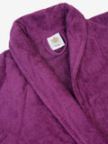 Close-up of a purple cotton bathrobe showing the collar and fabric texture