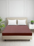 Bed with a red and brown fitted sheet in a room with a white wall and plants.