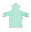 A mint green hooded robe with white faux-fur trim on the hood ears, cuffs, and hem, shown from the back on a white background.