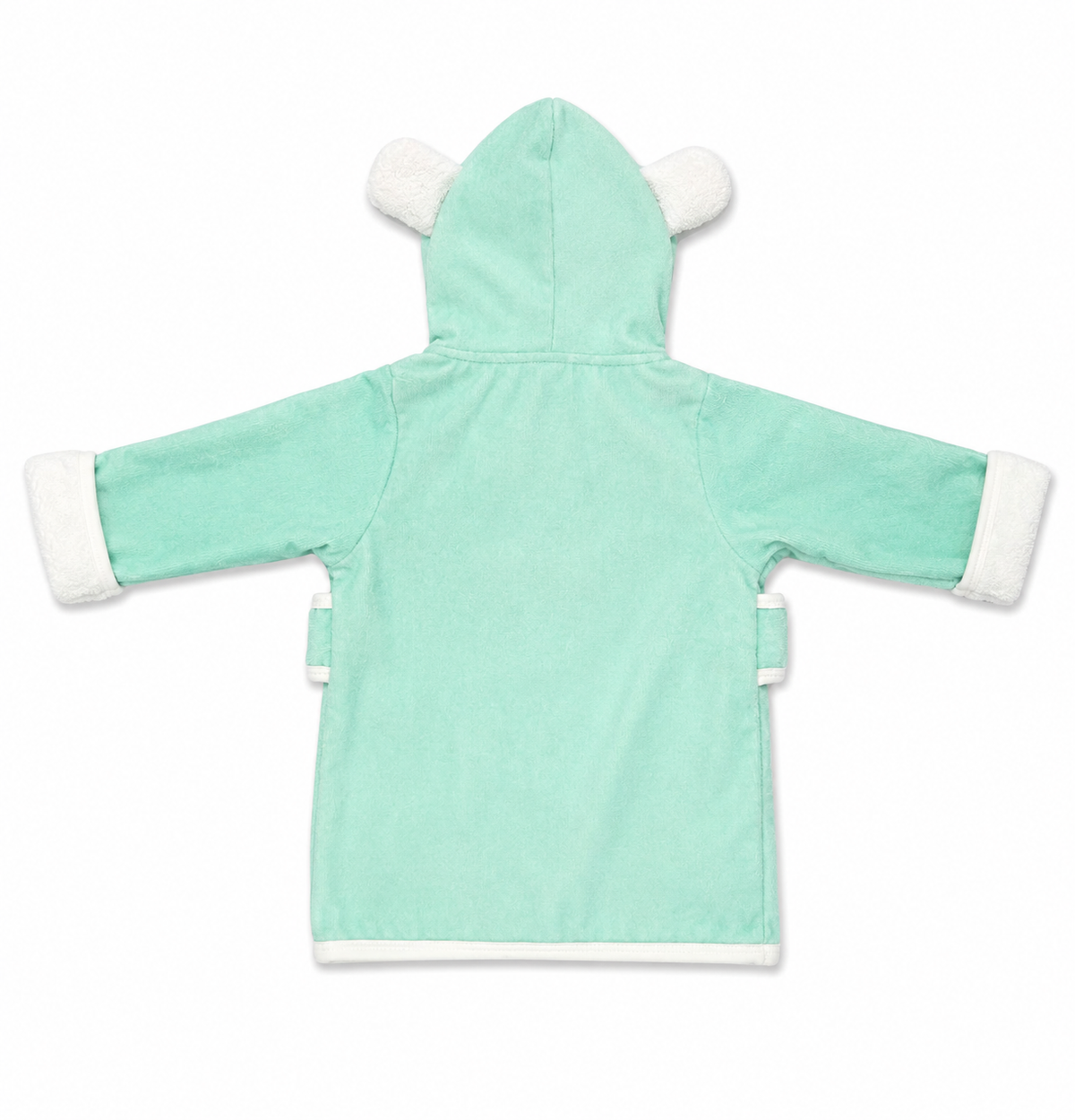 A mint green hooded robe with white faux-fur trim on the hood ears, cuffs, and hem, shown from the back on a white background.