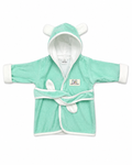 A mint green baby hooded robe with white trim, featuring bear ears on the hood, a tie belt, and a small embroidered patch on the chest, shown against a plain white background.