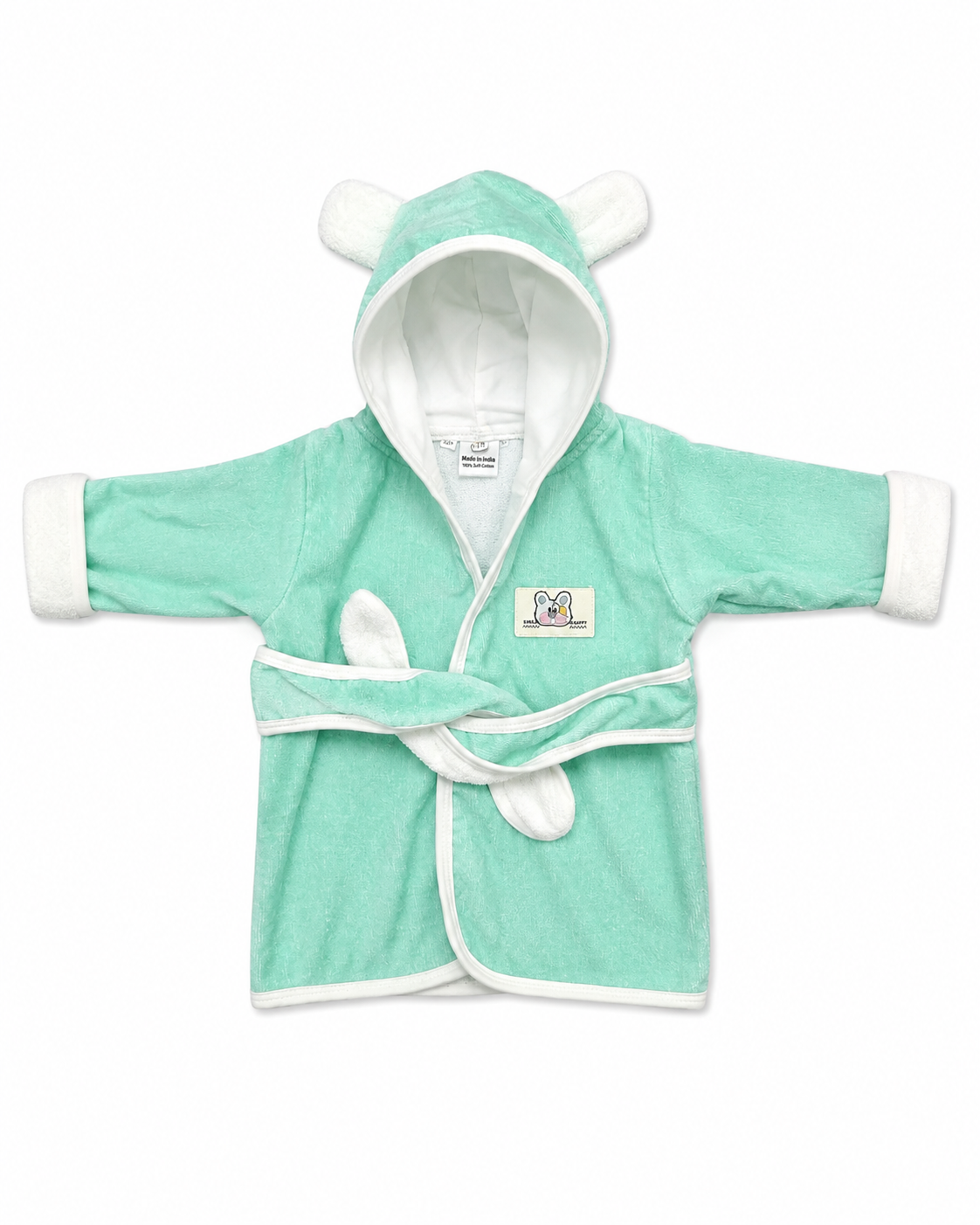 A mint green baby hooded robe with white trim, featuring bear ears on the hood, a tie belt, and a small embroidered patch on the chest, shown against a plain white background.