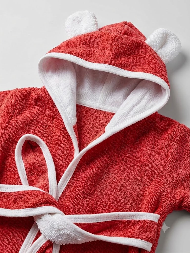 A baby wearing a coral Red hooded bathrobe with white trim and bear ears on the hood, sitting against a plain white background.