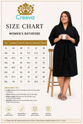 A size chart graphic for the Creeva Women's Bathrobe, featuring a size table on the left and a model wearing the black bathrobe on the right against a cream background with the Creeva logo.