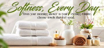 White and brown towels arranged in a spa setting with the text "Softness, Every Day"