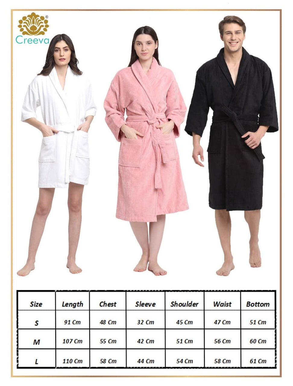 Three people wearing white, pink, and black robes with a size chart below.