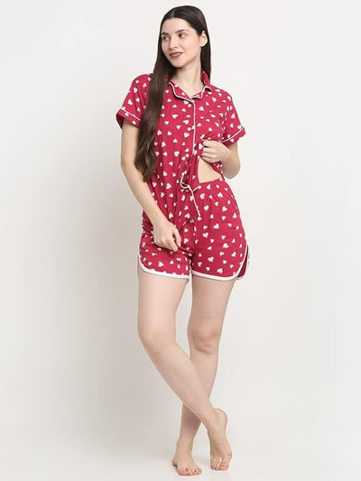 Wonderlady Cotton Nightsuit Set of Shorts & T-Shirt Cherry Love Heart with Pockets Medium Size | Creeva