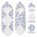 A baby wrap blanket with a hood, shown front and back on a white background. The fabric has a light blue floral print with white daisies and small yellow centers, and a soft white interior.