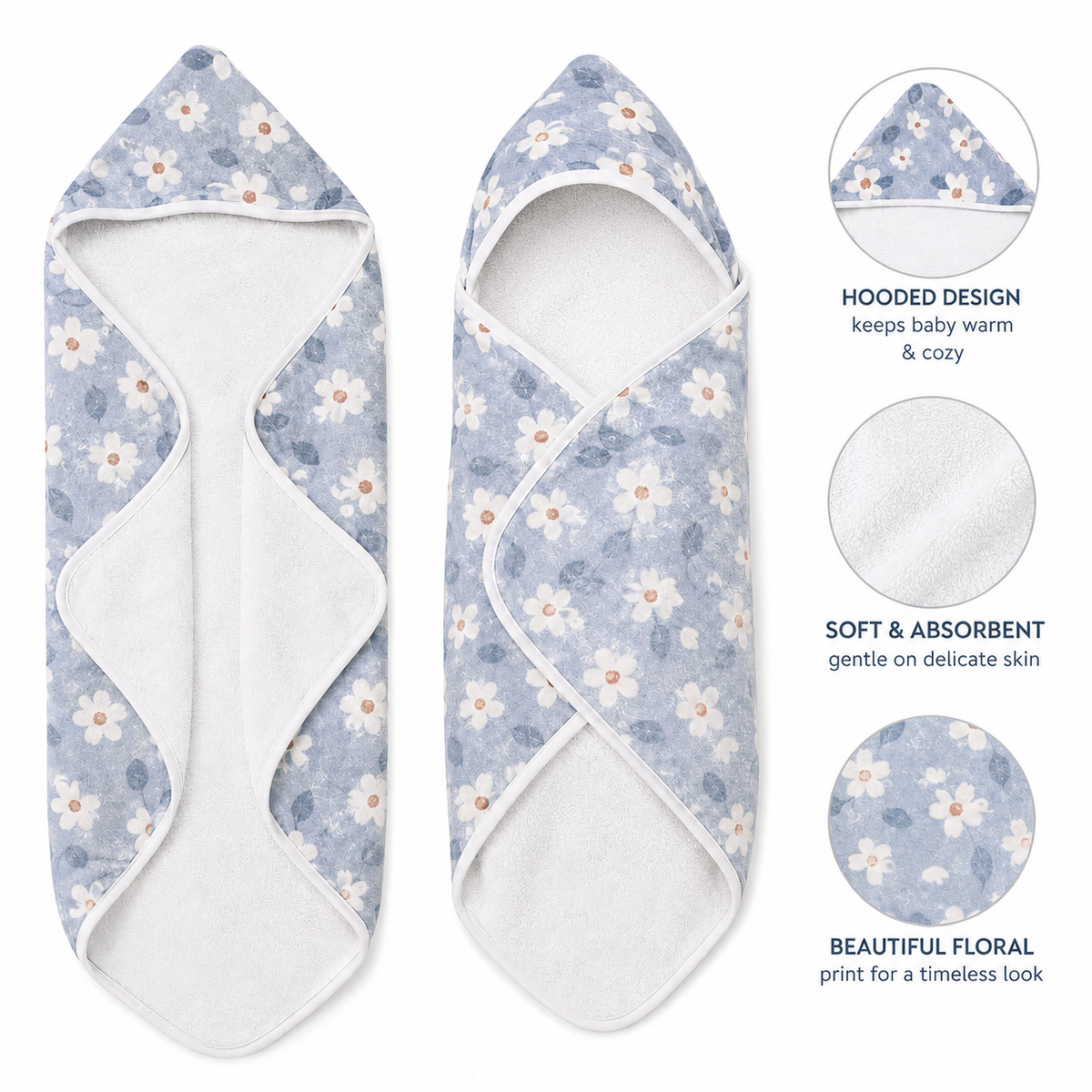 A baby wrap blanket with a hood, shown front and back on a white background. The fabric has a light blue floral print with white daisies and small yellow centers, and a soft white interior.