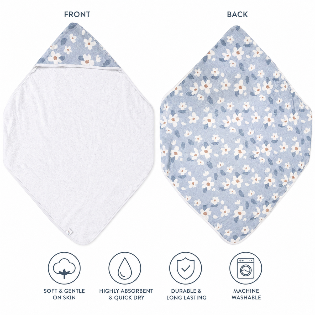 A baby hooded towel shown front and back on a white background. The front side is plain white, and the back side has a light blue floral print with small white and peach flowers.