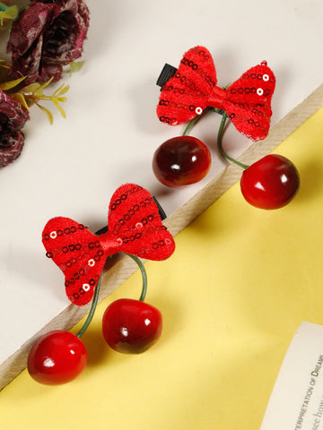 Creeva, 2 Pcs Cherry-Shaped Hair Clips with Red Bows