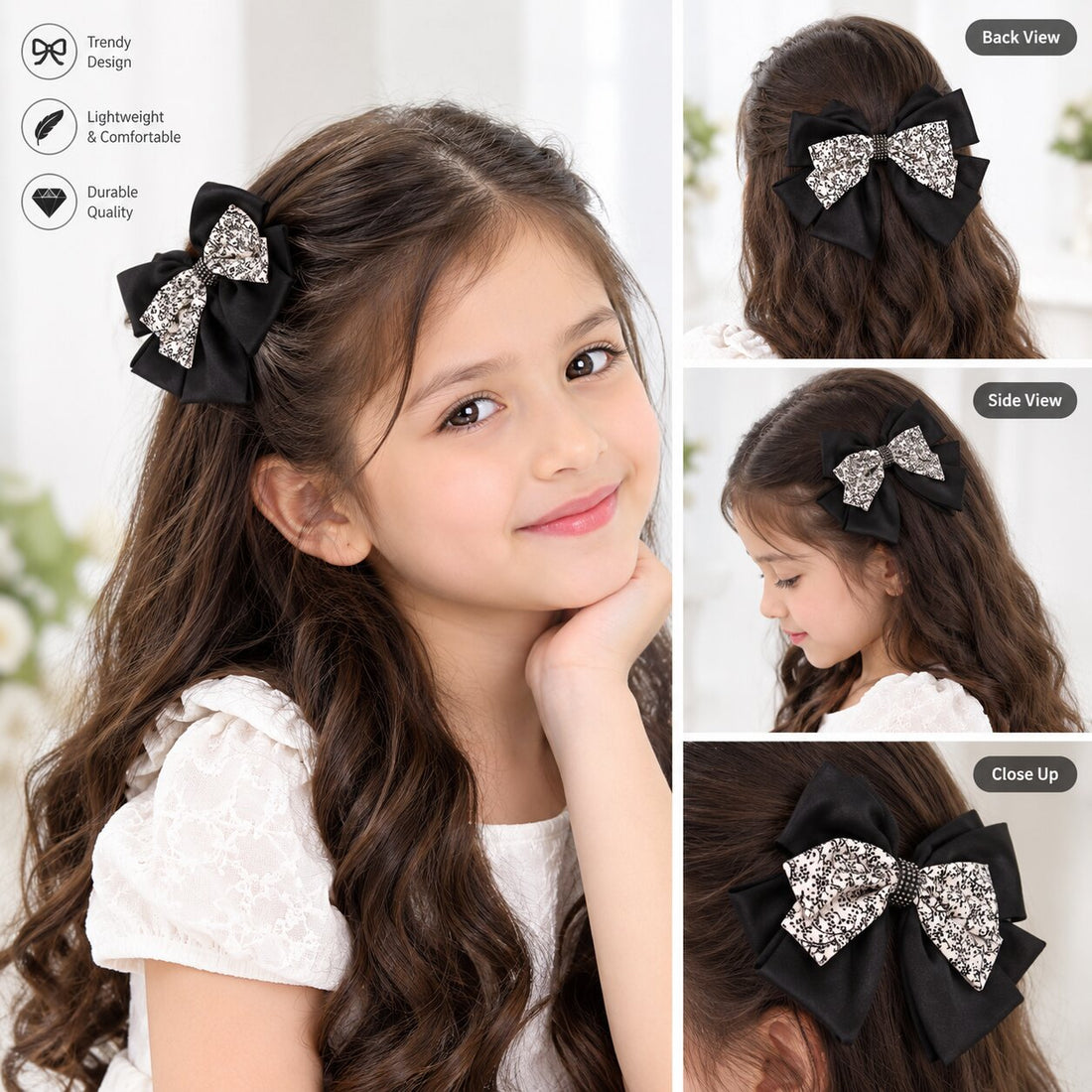 Creeva, Black Satin Silk Hair Bow Clip for Girls & Women – 1 Pc