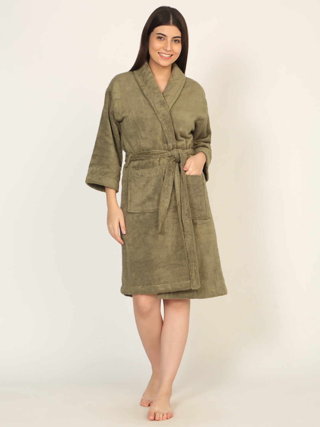 CREEVA Classic Cotton Velour Bathrobe – Olive Green