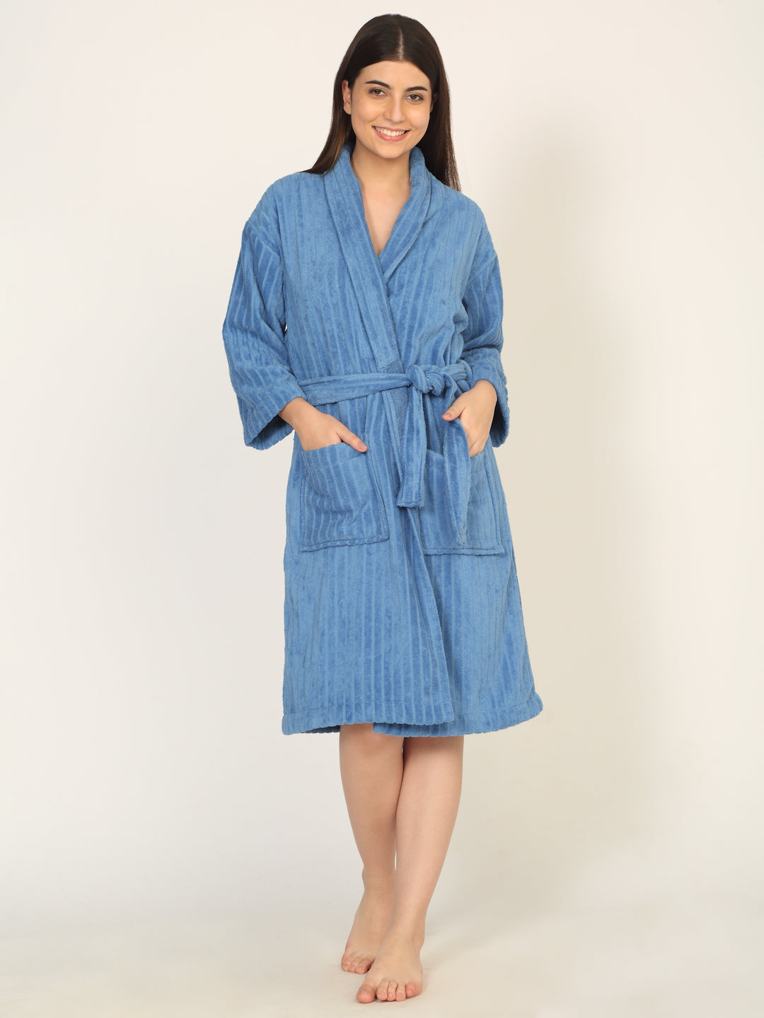 CREEVA Classic Cotton Jacquard Velour Bathrobe – Denim Blue