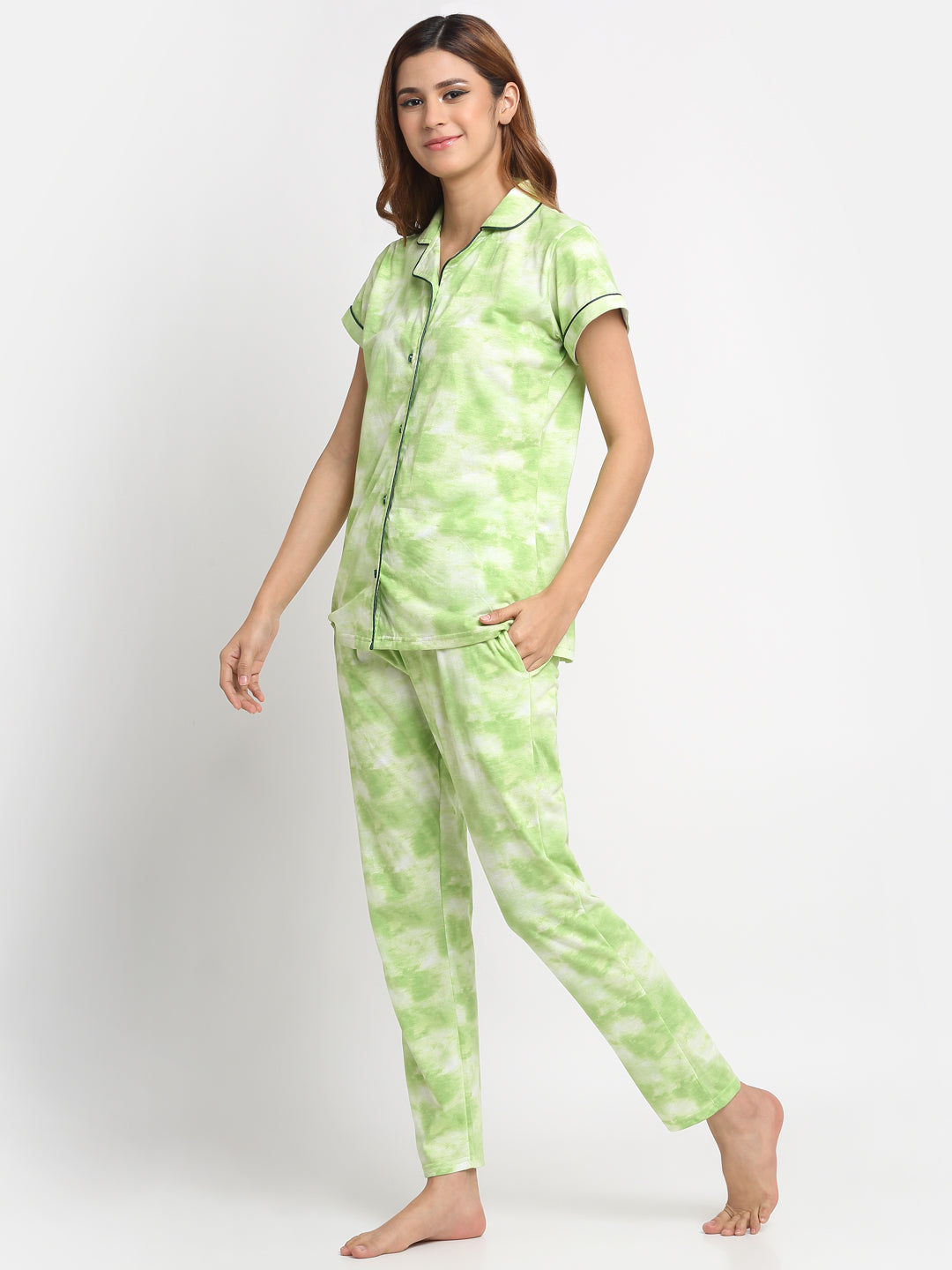 Wonderlady Cotton Nightsuit Set of Shirt & Pyjama Fresh Green Tie-Die with Pockets | Creeva