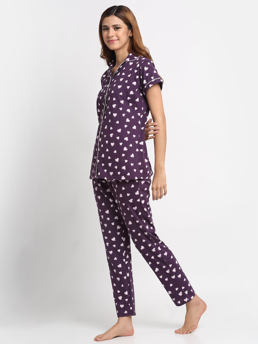 Wonderlady Cotton Nightsuit Set of Shirt & Pyjama Plum Heart with Pockets | Creeva