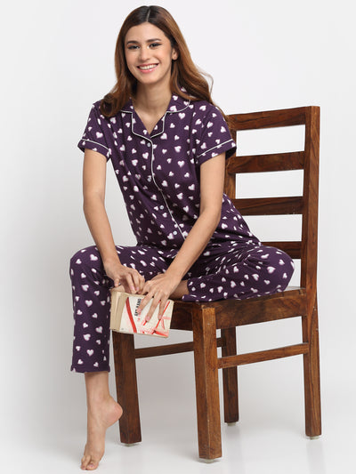Wonderlady Cotton Nightsuit Set of Shirt & Pyjama Plum Heart with Pockets | Creeva